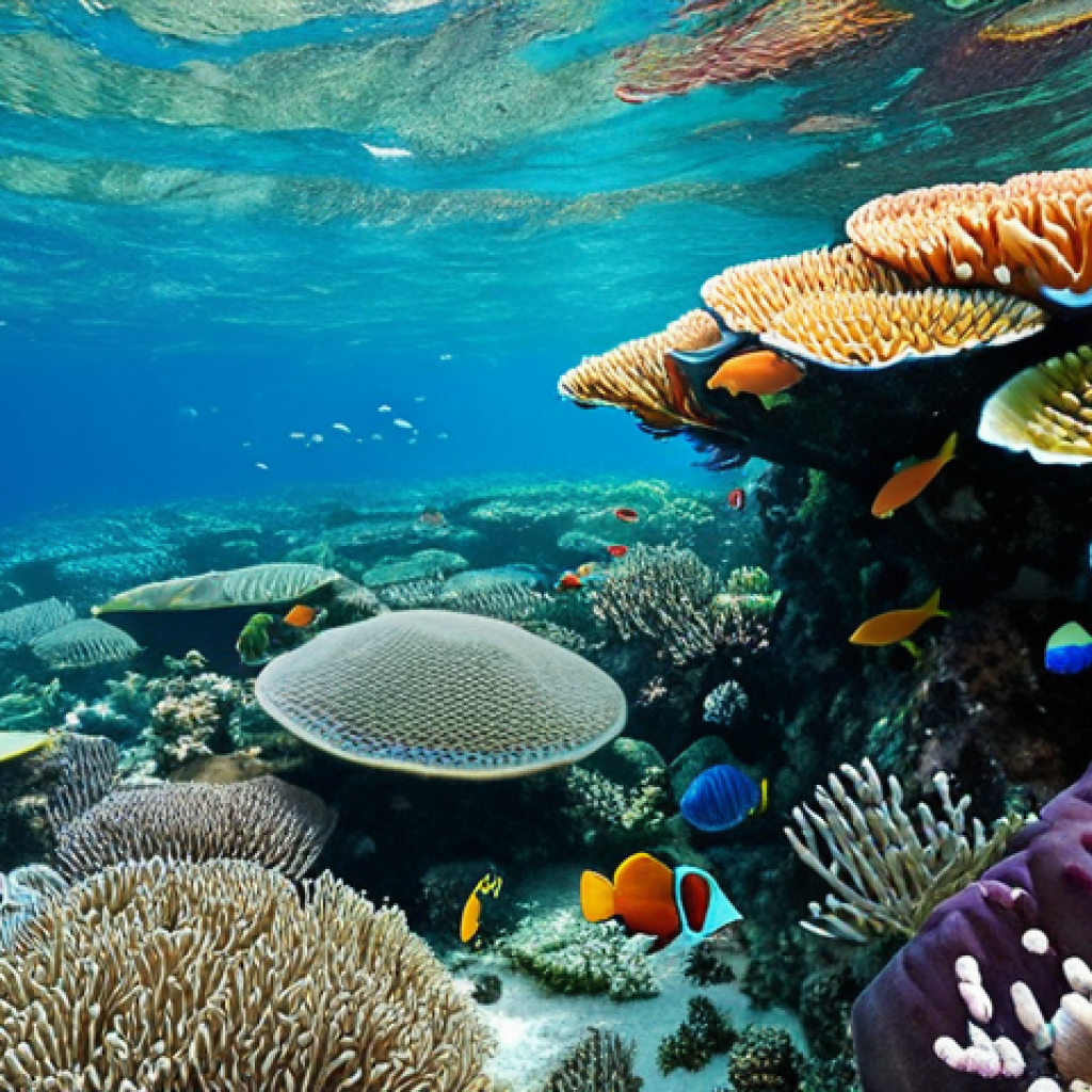 Vibrant Coral Reef Ecosystem**
"A vibrant coral reef teeming with life in the crystal-clear waters of Kiribati. Schools of colorful parrotfish swim among healthy corals. Clownfish peek out from anemones. Butterflyfish gracefully flutter about. A sea turtle swims serenely. The scene is bursting with color and biodiversity. Safe for work, appropriate content, fully clothed (referring to the marine life, obviously!), perfect anatomy, natural proportions, professional underwater photography, high quality, family-friendly."
**