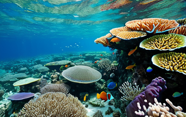 Vibrant Coral Reef Ecosystem**
"A vibrant coral reef teeming with life in the crystal-clear waters of Kiribati. Schools of colorful parrotfish swim among healthy corals. Clownfish peek out from anemones. Butterflyfish gracefully flutter about. A sea turtle swims serenely. The scene is bursting with color and biodiversity. Safe for work, appropriate content, fully clothed (referring to the marine life, obviously!), perfect anatomy, natural proportions, professional underwater photography, high quality, family-friendly."
**