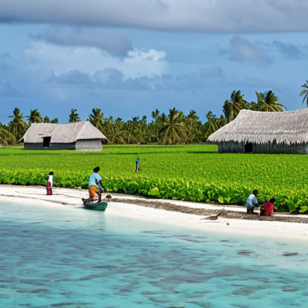 **
"A panoramic view of a Kiribati atoll, fully clothed local villagers are shown engaging in daily life - fishing, weaving, and tending to crops, appropriate attire, modest clothing. The rising sea levels are subtly indicated, but not in a disturbing way. In the background, there are sustainable houses and renewable energy installations. Safe for work, professional photography, perfect anatomy, correct proportions, natural pose, high quality, family-friendly, appropriate content, fully clothed."
**