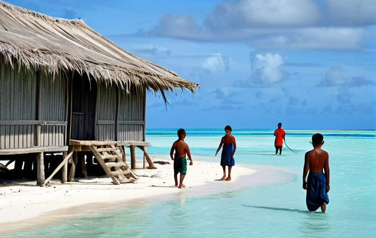 **
"A professional photograph of Kiribati islanders engaged in traditional fishing, fully clothed in modest attire, with a backdrop of the Pacific Ocean and simple dwellings. Safe for work, appropriate content, perfect anatomy, natural proportions, family-friendly, high quality."
**