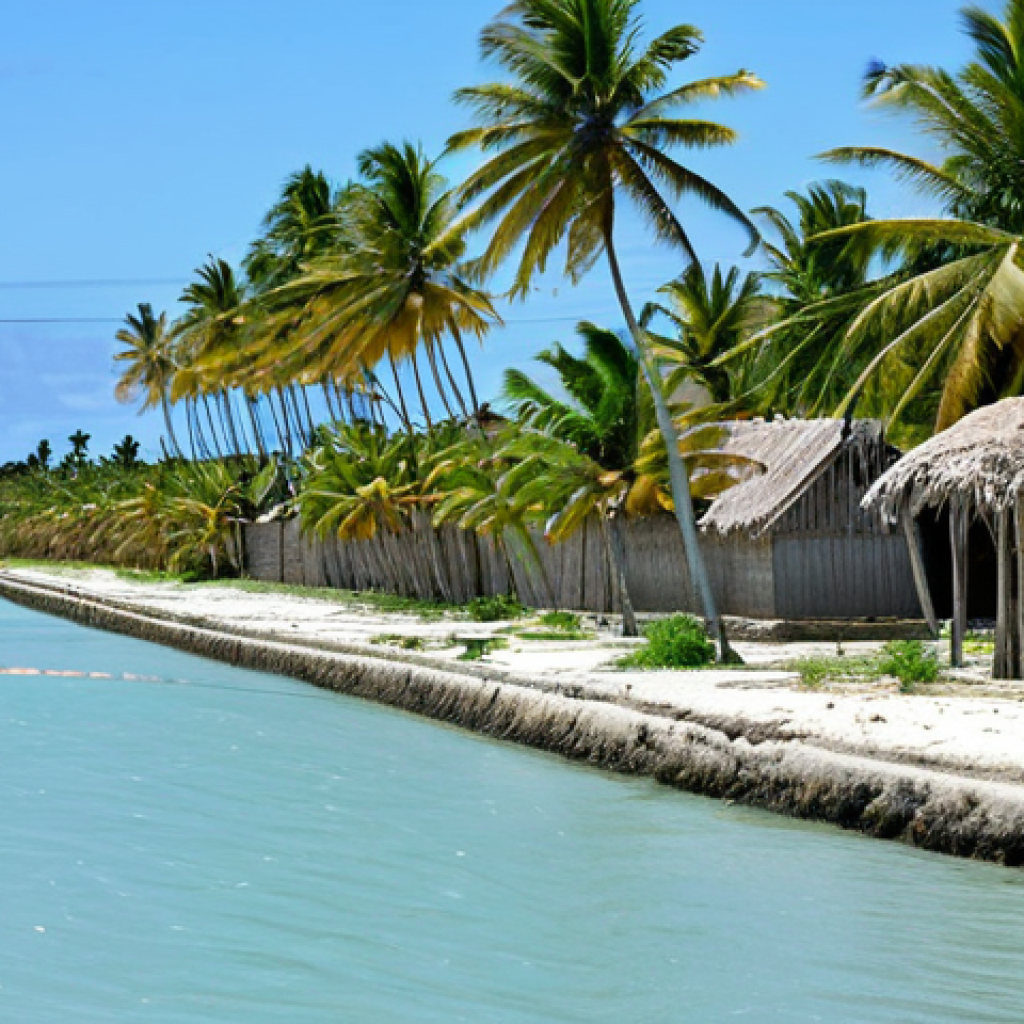 Climate Change Adaptation in Kiribati**

"A wide shot of a Kiribati village demonstrating resilience against rising sea levels. Show seawalls protecting homes, sustainable agriculture with salt-resistant crops like coconut trees, and community members actively involved in adapting to their environment. Fully clothed in appropriate attire. Safe for work. Appropriate content. Perfect anatomy, correct proportions, natural pose, professional photography, high quality, family-friendly."

**