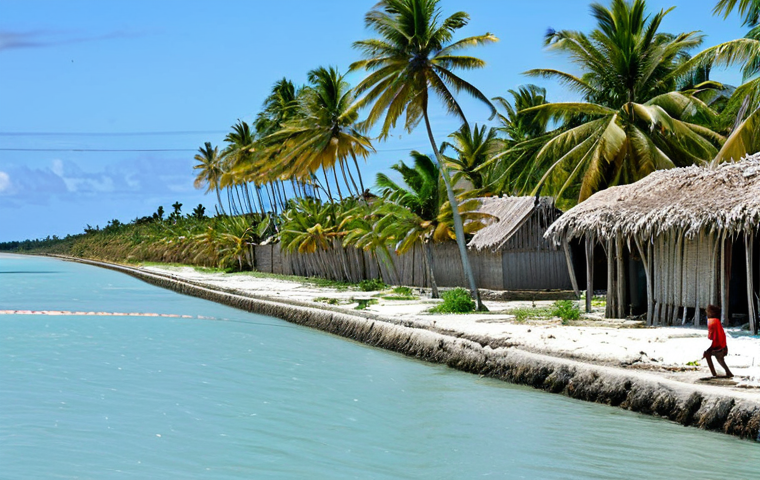 Climate Change Adaptation in Kiribati**
"A wide shot of a Kiribati village demonstrating resilience against rising sea levels. Show seawalls protecting homes, sustainable agriculture with salt-resistant crops like coconut trees, and community members actively involved in adapting to their environment. Fully clothed in appropriate attire. Safe for work. Appropriate content. Perfect anatomy, correct proportions, natural pose, professional photography, high quality, family-friendly."
**