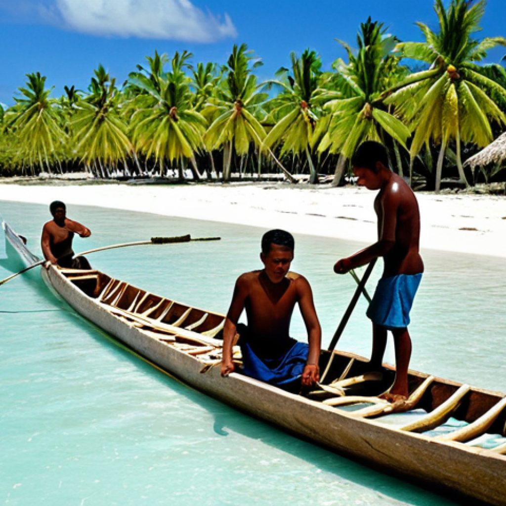 Traditional Kiribati Canoe Construction**
"A group of Kiribati villagers, fully clothed in modest, traditional attire, collaboratively building a 'wa' (traditional canoe) from coconut wood on a tropical beach. Men are shaping the wood, women are weaving sails. Palm trees in the background, clear blue ocean. Safe for work, appropriate content, family-friendly, perfect anatomy, correct proportions, well-formed hands, natural pose, professional photography, high quality."
**
