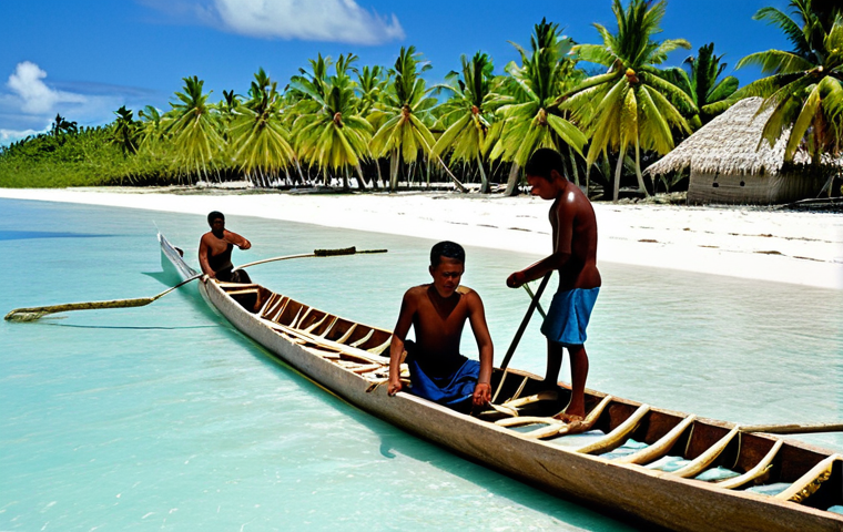 Traditional Kiribati Canoe Construction**
"A group of Kiribati villagers, fully clothed in modest, traditional attire, collaboratively building a 'wa' (traditional canoe) from coconut wood on a tropical beach. Men are shaping the wood, women are weaving sails. Palm trees in the background, clear blue ocean. Safe for work, appropriate content, family-friendly, perfect anatomy, correct proportions, well-formed hands, natural pose, professional photography, high quality."
**