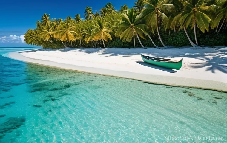 키리바시 날씨와 기후 특성 - "A picturesque, untouched white-sand beach on a Kiribati atoll. The crystal-clear turquoise ocean ge...