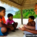 키리바시 교육에서의 언어 사용 - **Cultural Storytelling by the Ocean:**
    A serene and vibrant image depicting a group of I-Kiriba...