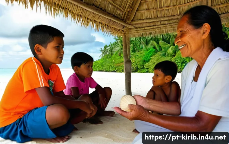 키리바시 교육에서의 언어 사용 - **Cultural Storytelling by the Ocean:**
A serene and vibrant image depicting a group of I-Kiriba...