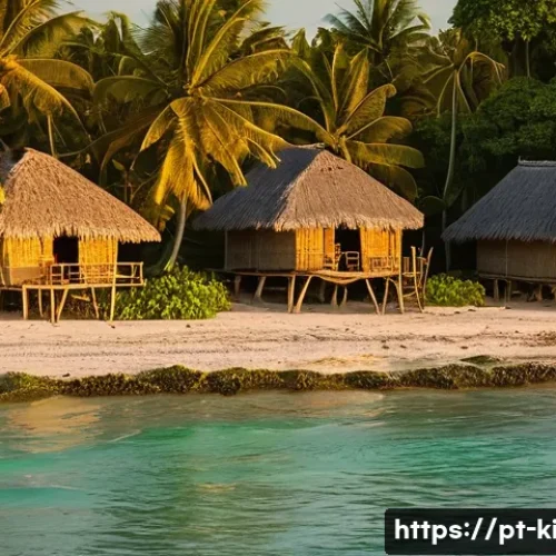 키리바시 길버트어 배우기 - A serene island village scene in Kiribati at sunset, showcasing traditional thatched-roof houses nea...