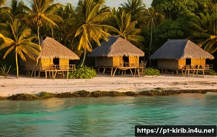 키리바시 길버트어 배우기 - A serene island village scene in Kiribati at sunset, showcasing traditional thatched-roof houses nea...