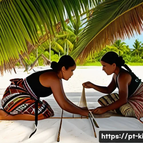 키리바시 전통 의상과 의미 - A detailed scene of Kiribati women engaged in traditional weaving outdoors, using natural materials ...