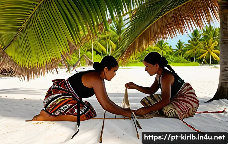 키리바시 전통 의상과 의미 - A detailed scene of Kiribati women engaged in traditional weaving outdoors, using natural materials ...