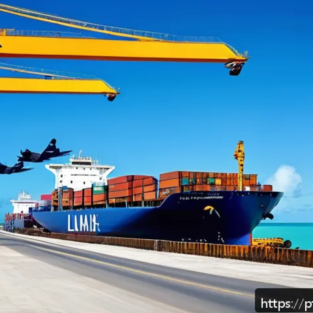 키리바시 해외 투자 유치 전략 - A vibrant, modernized port scene in Kiribati during daytime, showcasing expanded docks with large ca...
