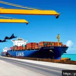 키리바시 해외 투자 유치 전략 - A vibrant, modernized port scene in Kiribati during daytime, showcasing expanded docks with large ca...