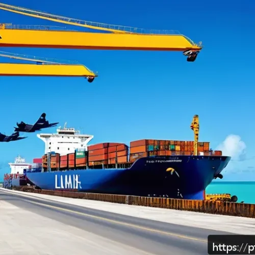 키리바시 해외 투자 유치 전략 - A vibrant, modernized port scene in Kiribati during daytime, showcasing expanded docks with large ca...