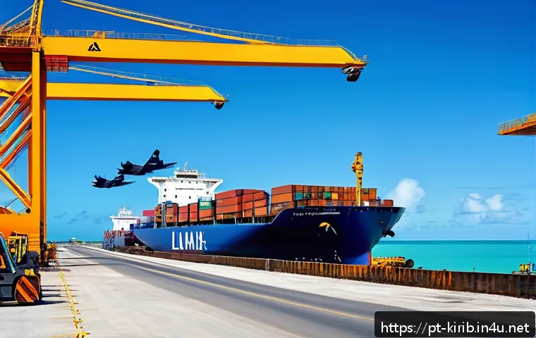 키리바시 해외 투자 유치 전략 - A vibrant, modernized port scene in Kiribati during daytime, showcasing expanded docks with large ca...