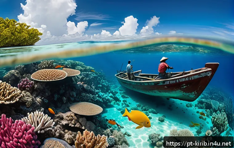 키리바시 해양 자원과 경제적 가치 - A vibrant underwater scene showcasing a marine protected area in Kiribati, with diverse coral reefs ...