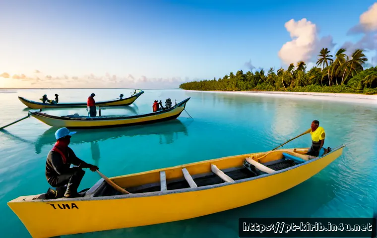 키리바시 주요 산업 및 기업 - Photorealistic wide-angle view of Kiribati’s tuna fishing industry at sunrise, a small modern fishin...