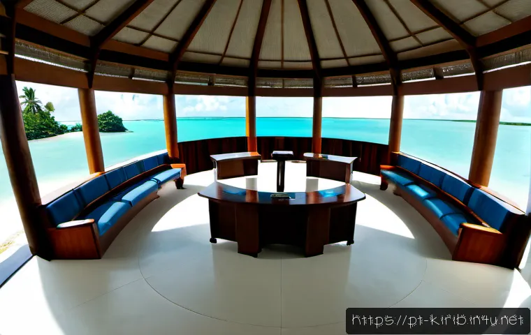 Home 17 키리바시 정치 체제 변화 - Photorealistic wide-angle view of a modern parliamentary chamber in Tarawa, Kiribati, diverse I-Kiri...